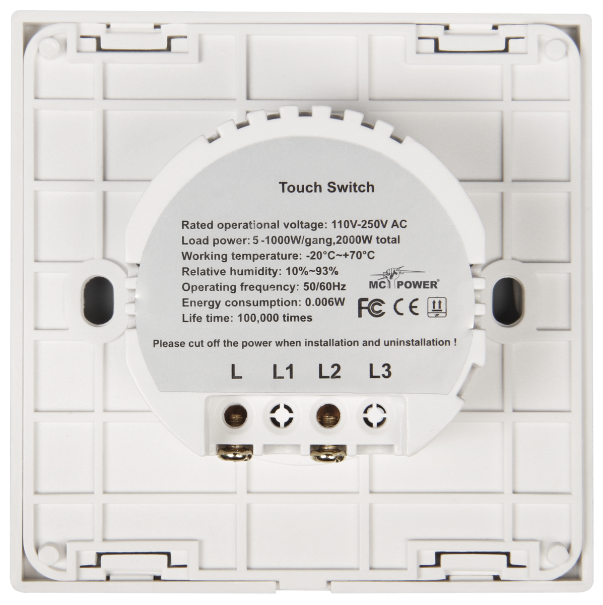 McPower Touch Schalter ''FLAIR'' 250V~/5A, Glas mit LED Kontroll-Leuchte, 1-fach
