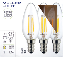 Muellerlicht LED Filament Kerzenlampe, E14, 4W, 470lm, 2700K, warmweiß, 3er Set 1451884