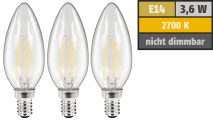 McShine LED Filament Set , 3x Kerzenlampe, E14, 3,6W, 360lm, warmweiß, klar 1451714