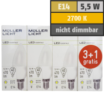 Muellerlicht LED Kerzenlampe, E14, 5,5W, 470lm, 2700K, warmweiß, 3+1 Set 1451875