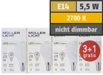 Muellerlicht LED Tropfenlampe, E14, 5,5W, 470lm, 2700K, warmweiß, 3+1 Set 1451864