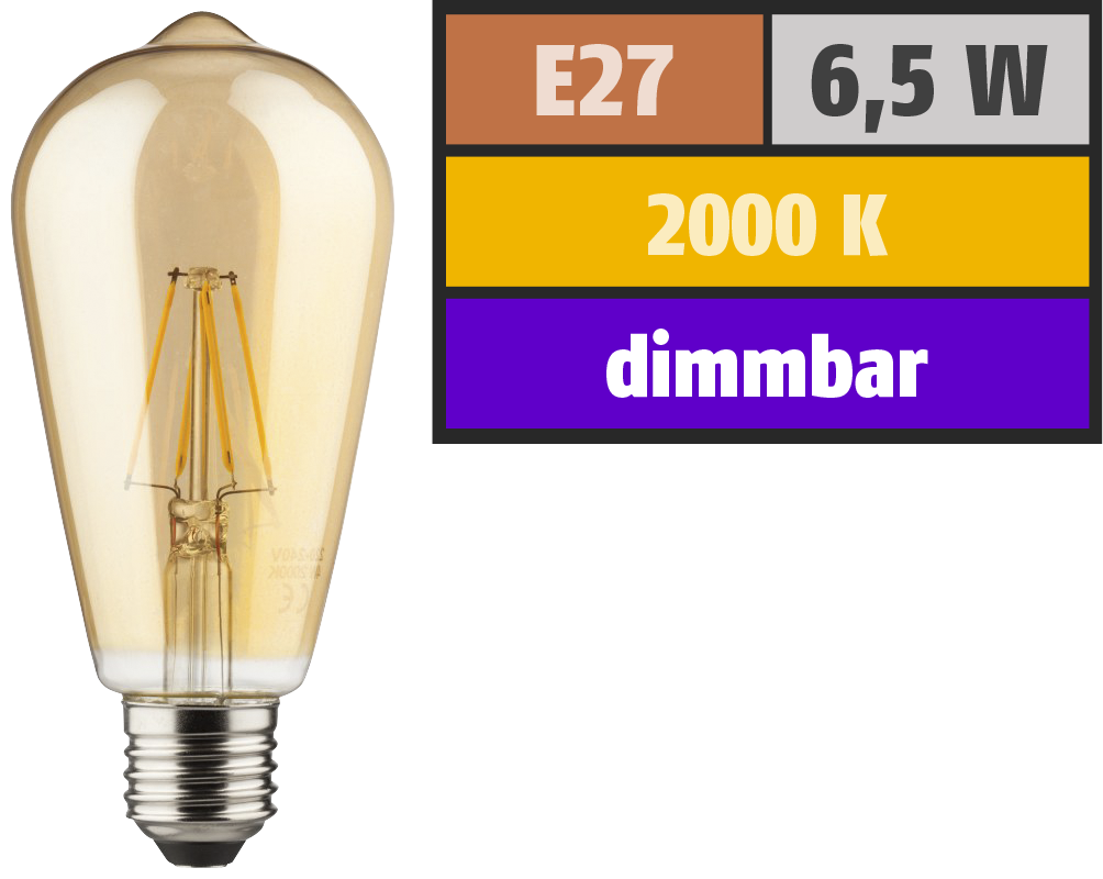 Licht 2000K Gold Filament DIM Müller-Licht 6,5W Retro-LED E27 Lampe ST64 54W