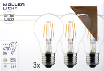 Muellerlicht LED Filament Glühlampe, E27, 4W, 470lm, 2700K, warmweiß, 3er Set 1451886