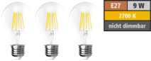 McShine LED Filament Set , 3x Glühlampe, E27, 9W, 1055lm, warmweiß, klar 1452148