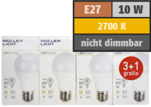 Muellerlicht LED Glühlampe, E27, 10W, 810lm, 2700K, warmweiß, 3+1 Set 1451878