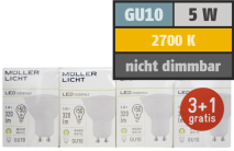 Muellerlicht LED-Strahler, GU10, 5W, 320lm, 2700K, warmweiß, 3+1 Set 1451876